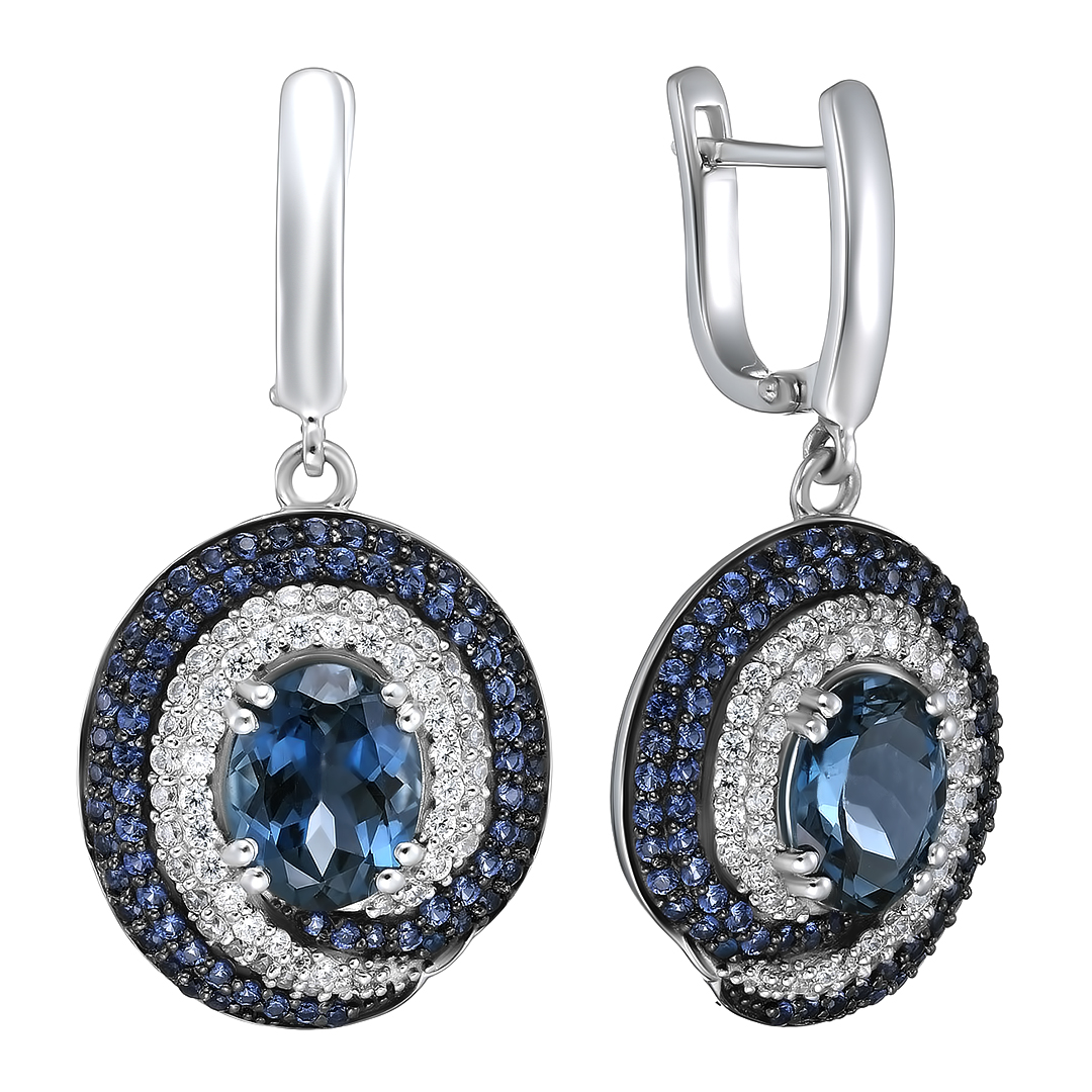 Серебряные серьги 925 пробы; родий (бел., черн.); вставки 2 Топаз Лондон 5,1ct; Россыпь Куб. Цирконий цв. 4,53ct;