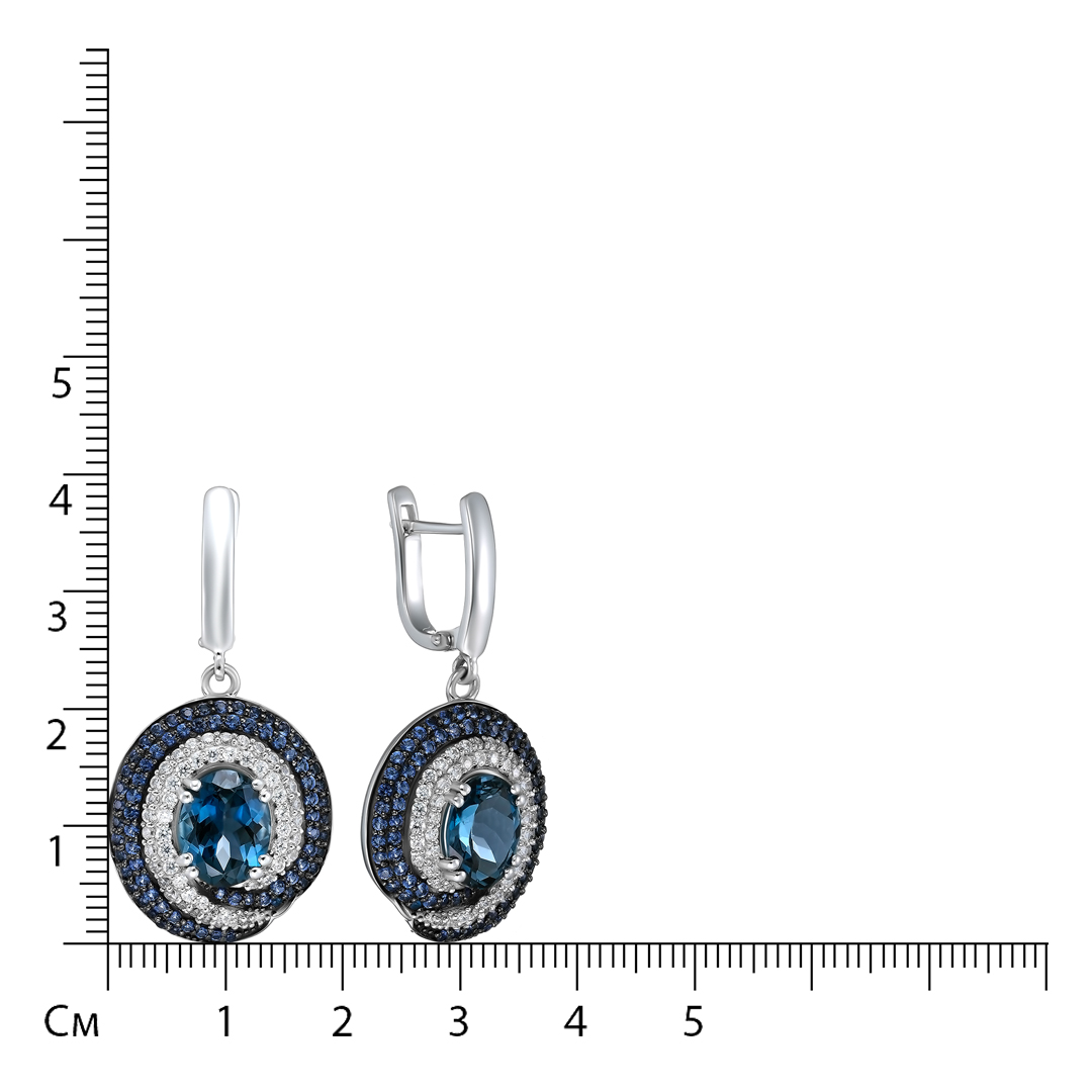 Серебряные серьги 925 пробы; родий (бел., черн.); вставки 2 Топаз Лондон 5,1ct; Россыпь Куб. Цирконий цв. 4,53ct;