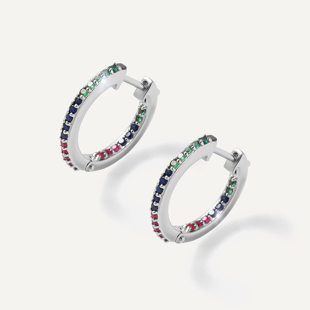 Серебряные серьги с изумрудами, сапфирами и рубинами