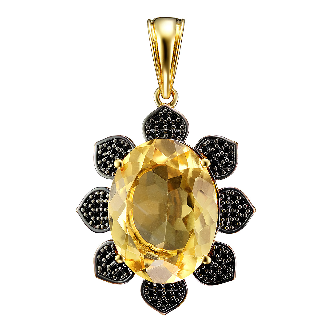 Серебряная подвеска 925 пробы; родий черный; вставки 1 Цитрин 8,11 ct; 88 Шпинель черная 0,40 ct;