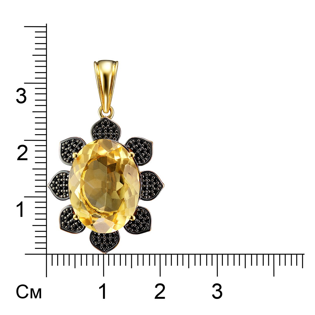 Серебряная подвеска 925 пробы; родий черный; вставки 1 Цитрин 8,11 ct; 88 Шпинель черная 0,40 ct;