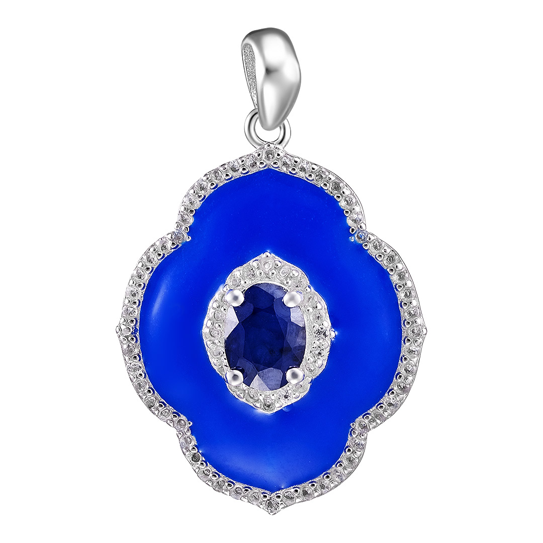 Серебряная подвеска 925 пробы; вставки 1 Сапфир 1,06 ct U/2; 72 Топаз белый 0,57 ct; Эмаль синяя;