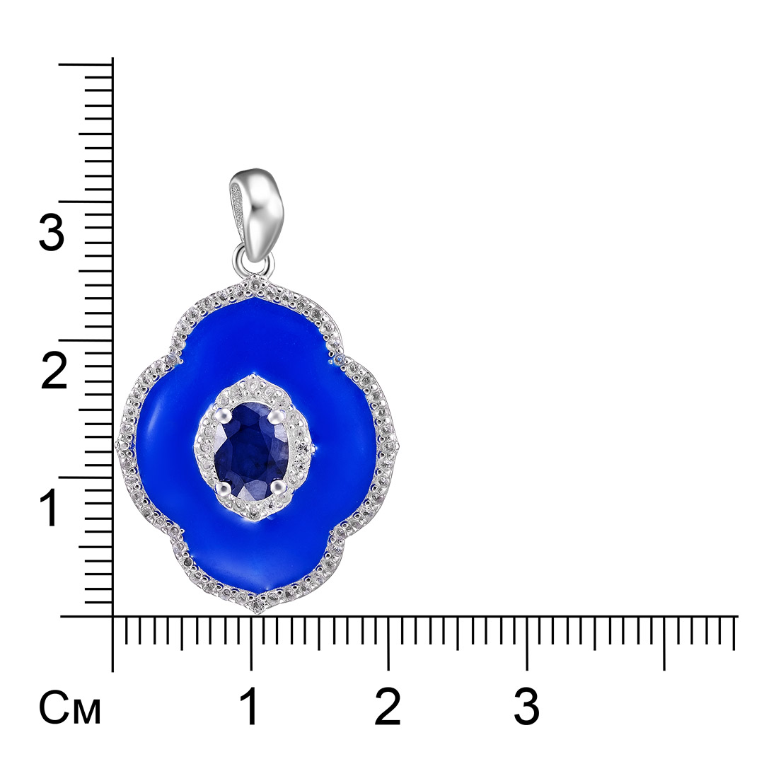 Серебряная подвеска 925 пробы; вставки 1 Сапфир 1,06 ct U/2; 72 Топаз белый 0,57 ct; Эмаль синяя;