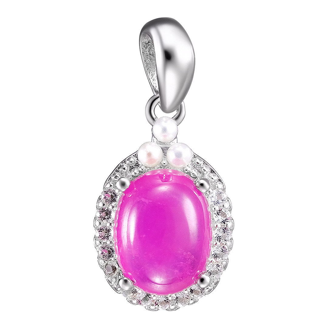 Серебряная подвеска 925 пробы; вставки 1 Рубин 3,43 ct F/2; 18 Топаз белый 0,26 ct; 3 Жемчуг культ.