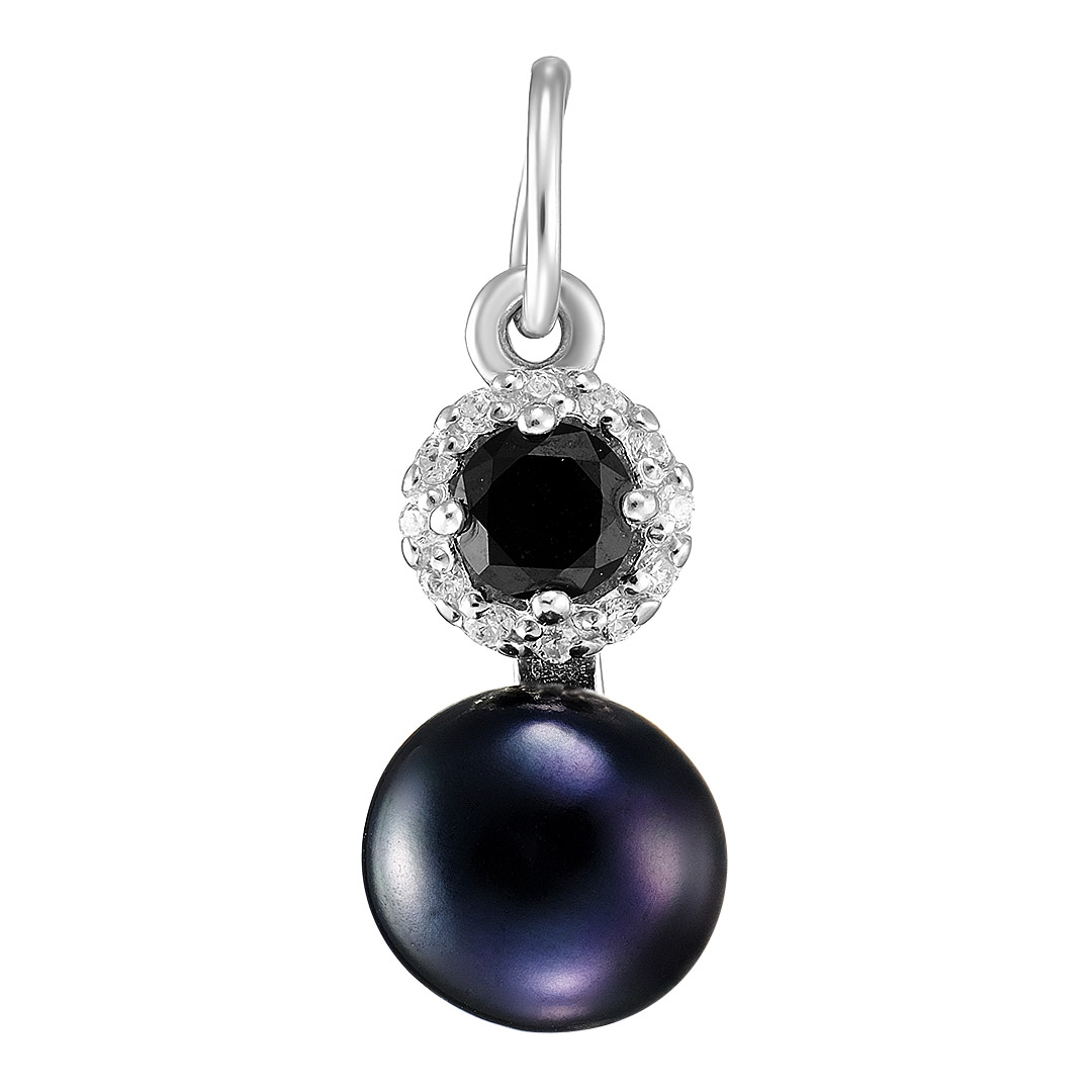 Серебряная подвеска 925 пробы; вставки 1 Жемчуг культ. черн.; 12 Фианит бесцв.; 1 Шпинель черн.;