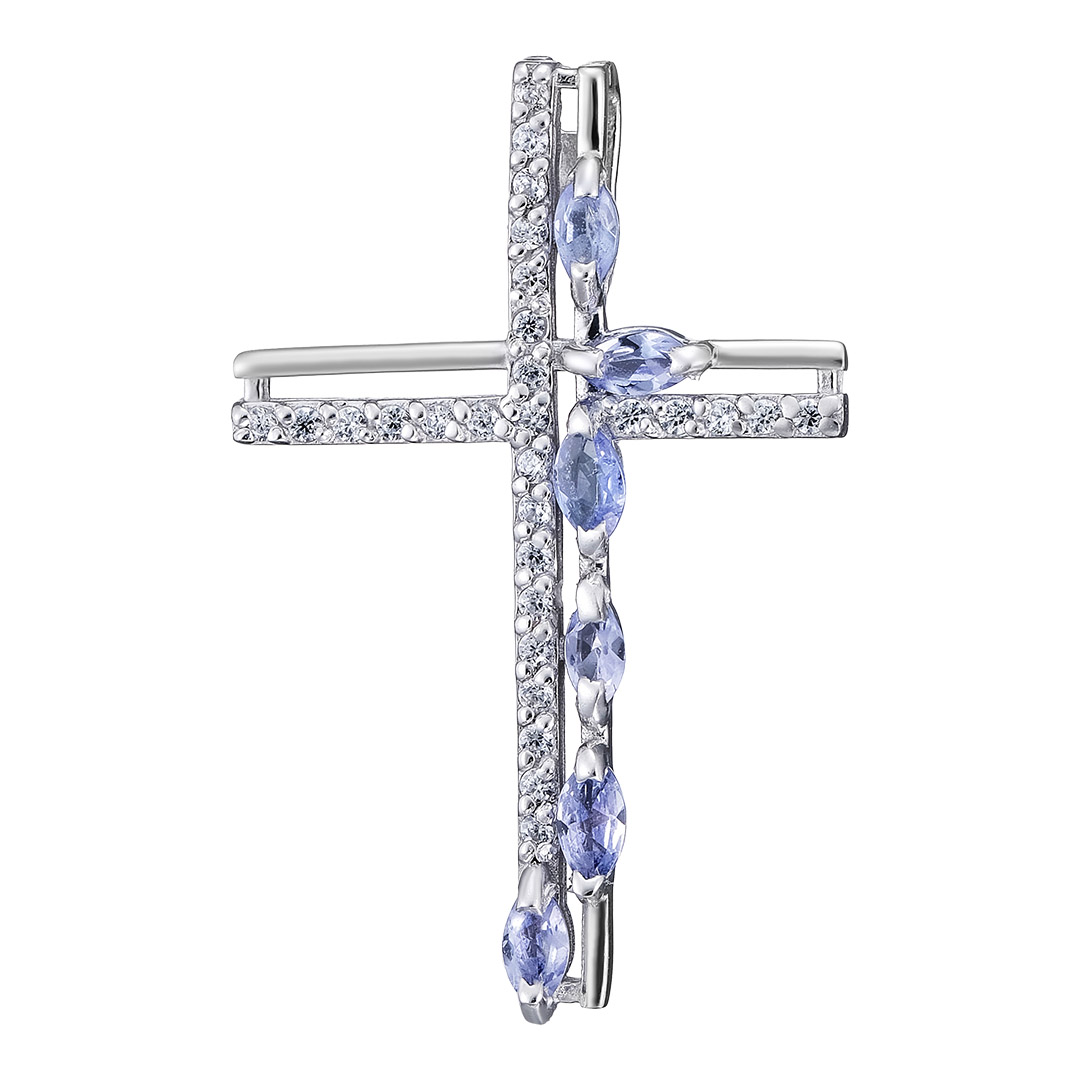 Серебряная подвеска-крест 925 пробы; вставки 6 Танзанит; 28 Фианит бесцв.;