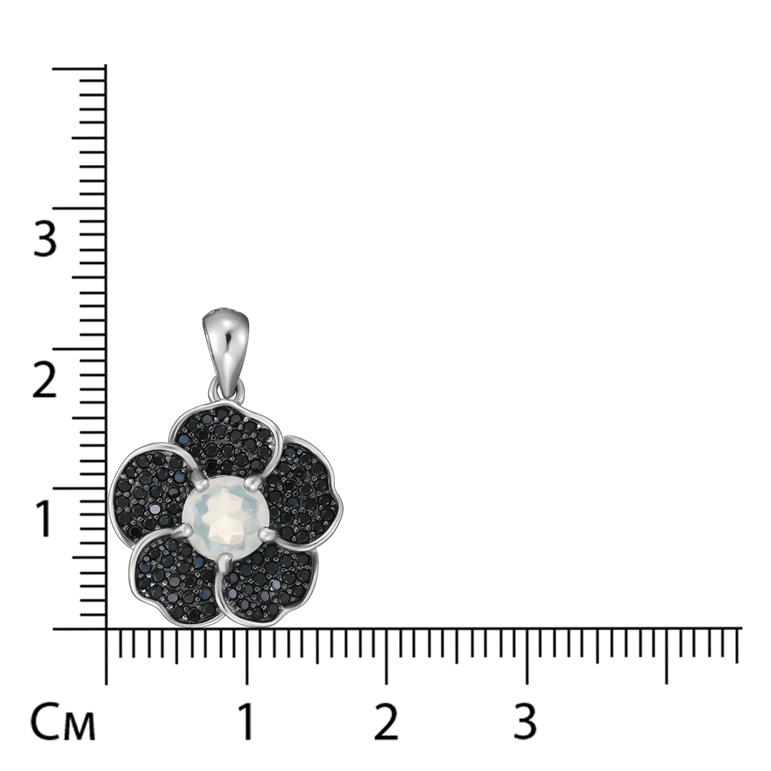Серебряная подвеска 925 пробы; родий (бел.,черн.); вставки 1 Опал белый 0,663ct; 90 Шпинель черная 0