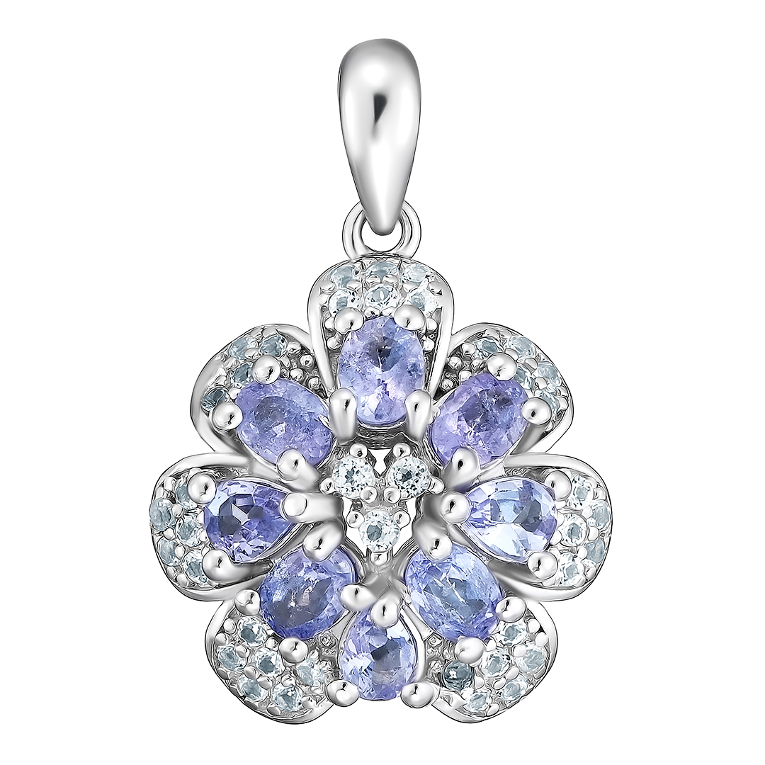 Серебряная подвеска 925 пробы;  вставки 8 Танзанит 1,325ct; 67 Топаз белый 0,712ct;