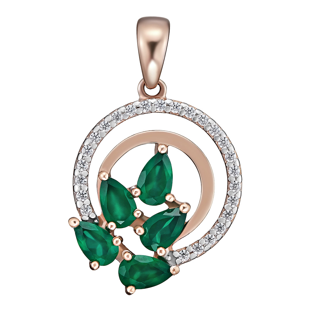 Серебряная подвеска 925 пробы; вставки 5 Агат зеленый; 25 Фианит бесцв.;