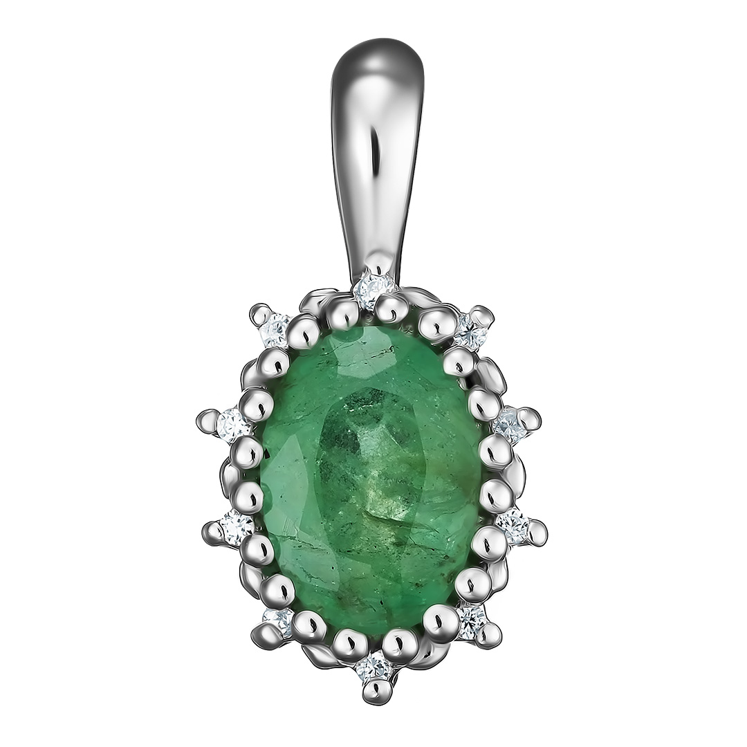 Серебряная подвеска 925 пробы; вставки 1 Изумруд (F) 4/Г3 0,65ct; 10 Куб. Цирконий бесцв. 0,047ct;