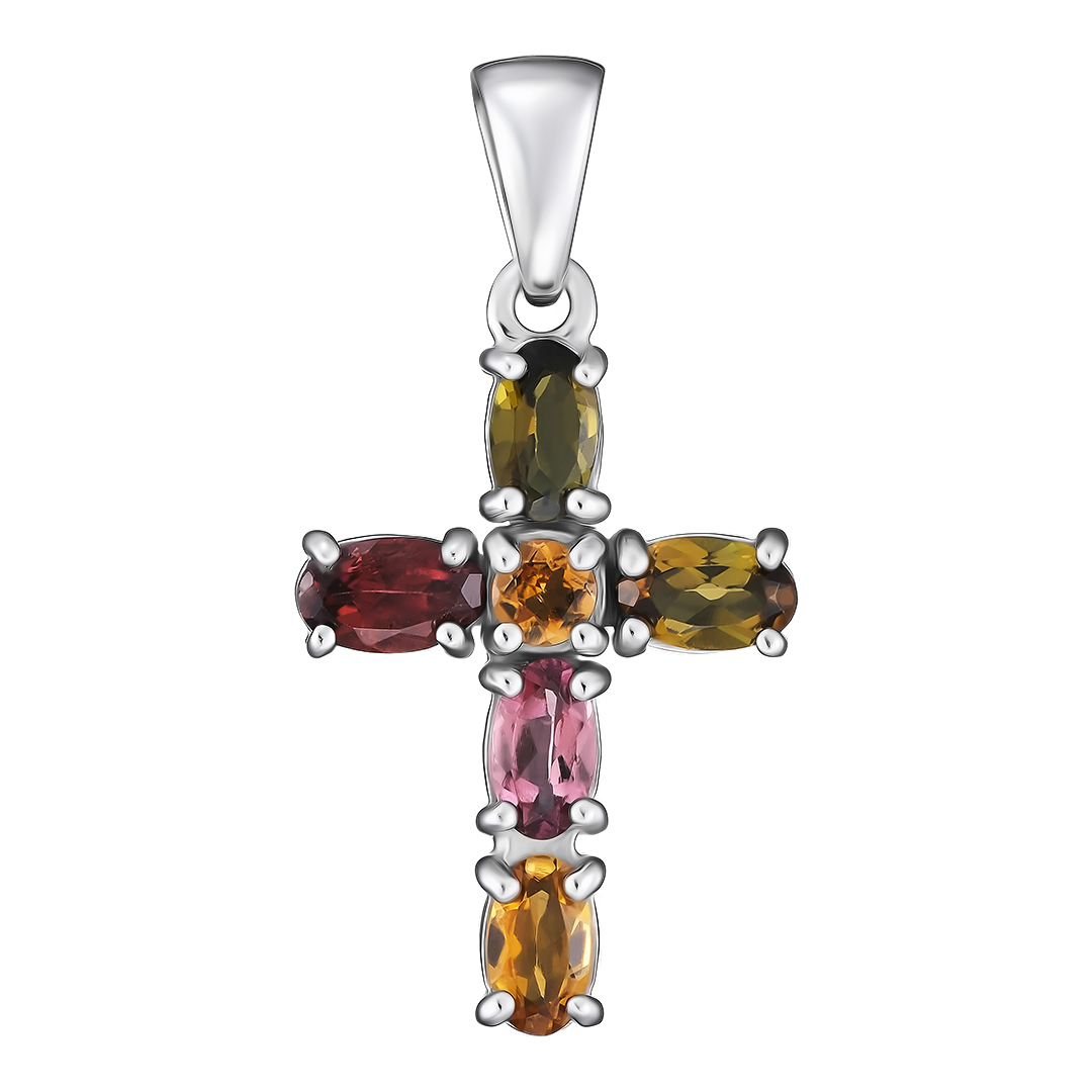 Серебряная подвеска-крест 925 пробы; вставки 6 Мультитурмалин 1,5ct;