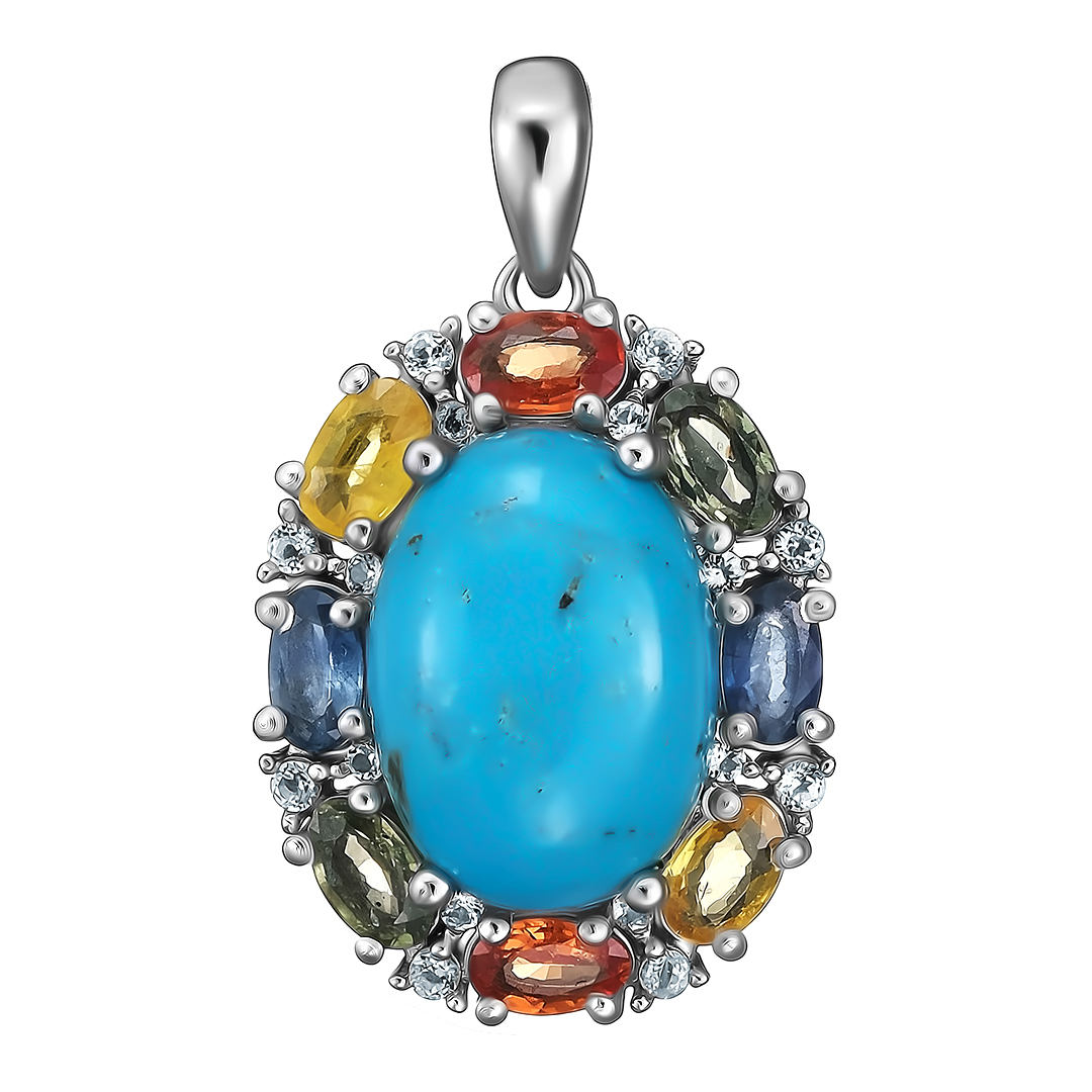 Серебряная подвеска 925 пробы; вставки 1 Бирюза 5,2ct; 8 Сапфир разноцв. 2,2ct; 16 Топаз белый;