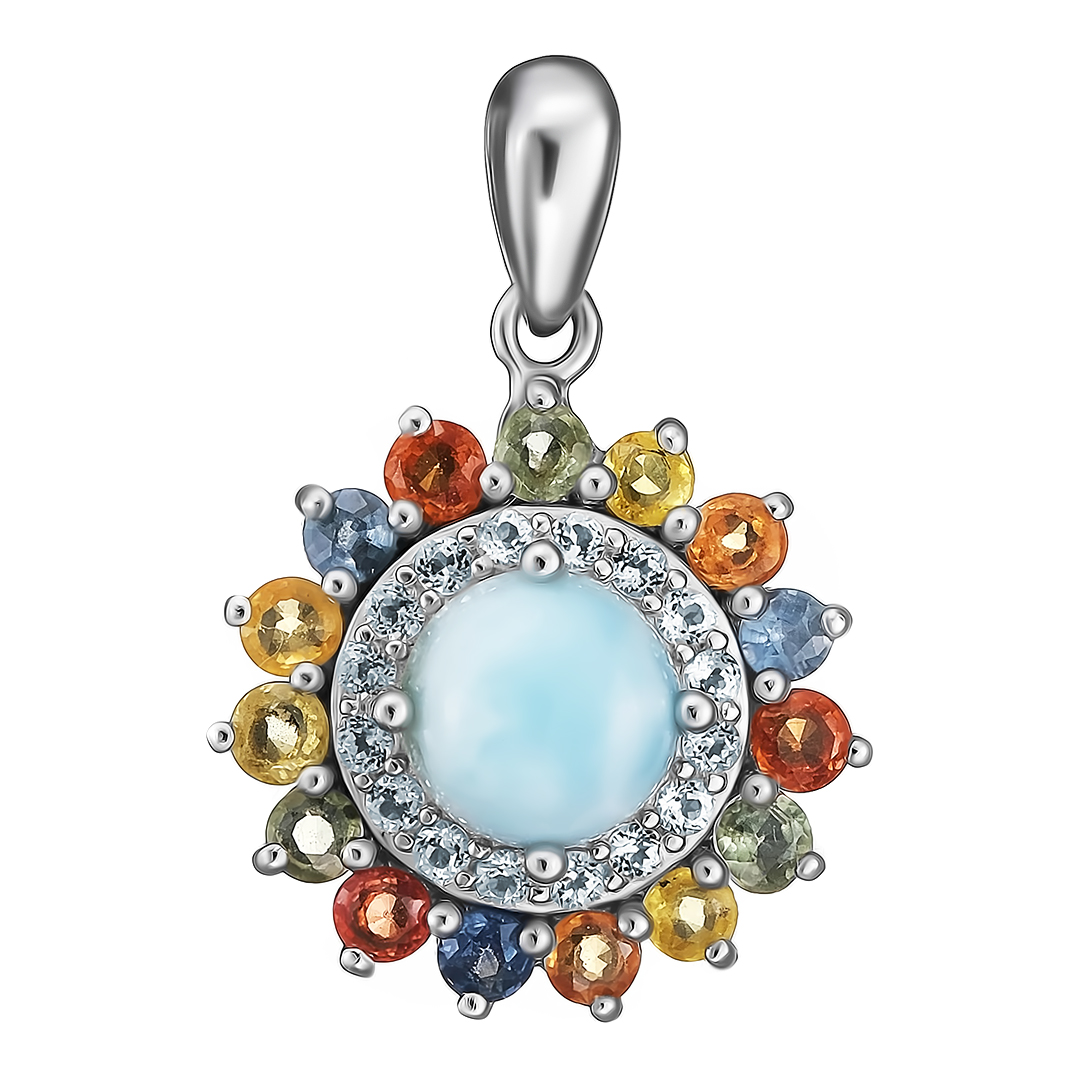 Серебряная подвеска 925 пробы; вставки 1 Ларимар 1,64ct; 15 Сапфир разноцв.1,14ct; 16 Топаз белый;