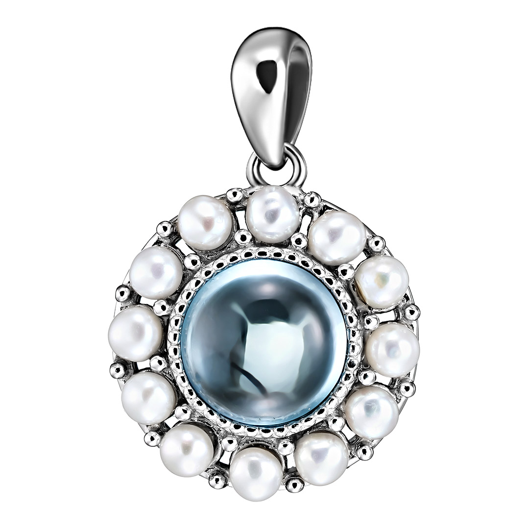 Серебряная подвеска 925 пробы; вставки 1 Топаз голубой 2,48ct; Россыпь Жемчуг культ. бел.;