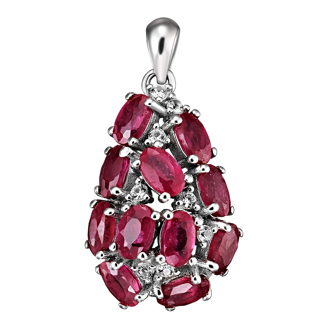 Серебряная подвеска 925 пробы; вставки 11 Рубин F/2 3,8ct; Россыпь Топаз бел.;