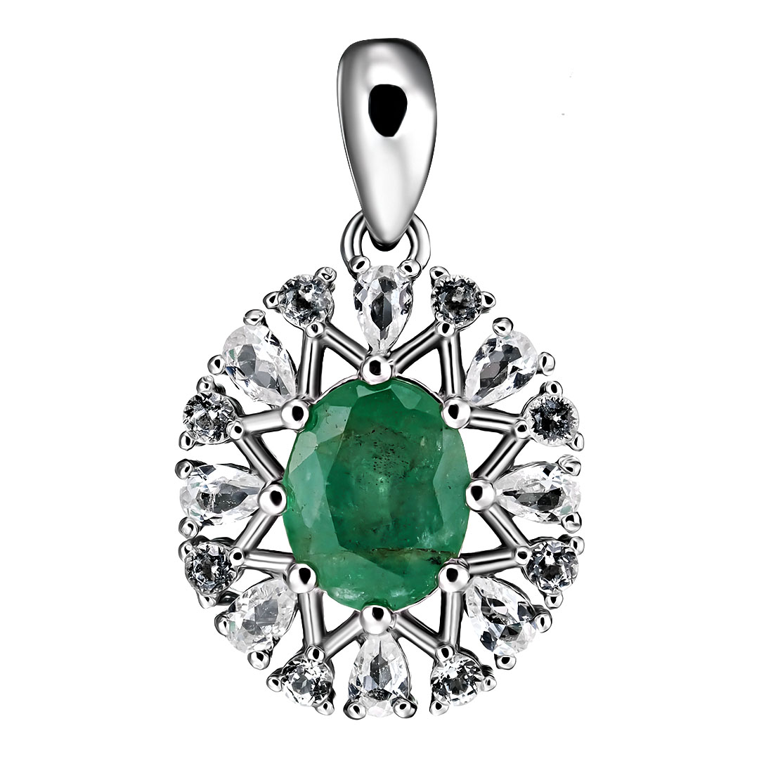 Серебряная подвеска 925 пробы; вставки 1 Изумруд (О) 4Г/3 1,12ct; Россыпь Топаз бел. 0,63ct;