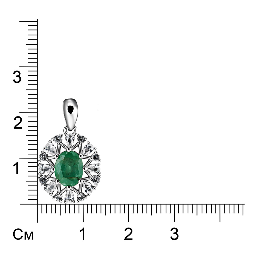 Серебряная подвеска 925 пробы; вставки 1 Изумруд (О) 4Г/3 1,12ct; Россыпь Топаз бел. 0,63ct;