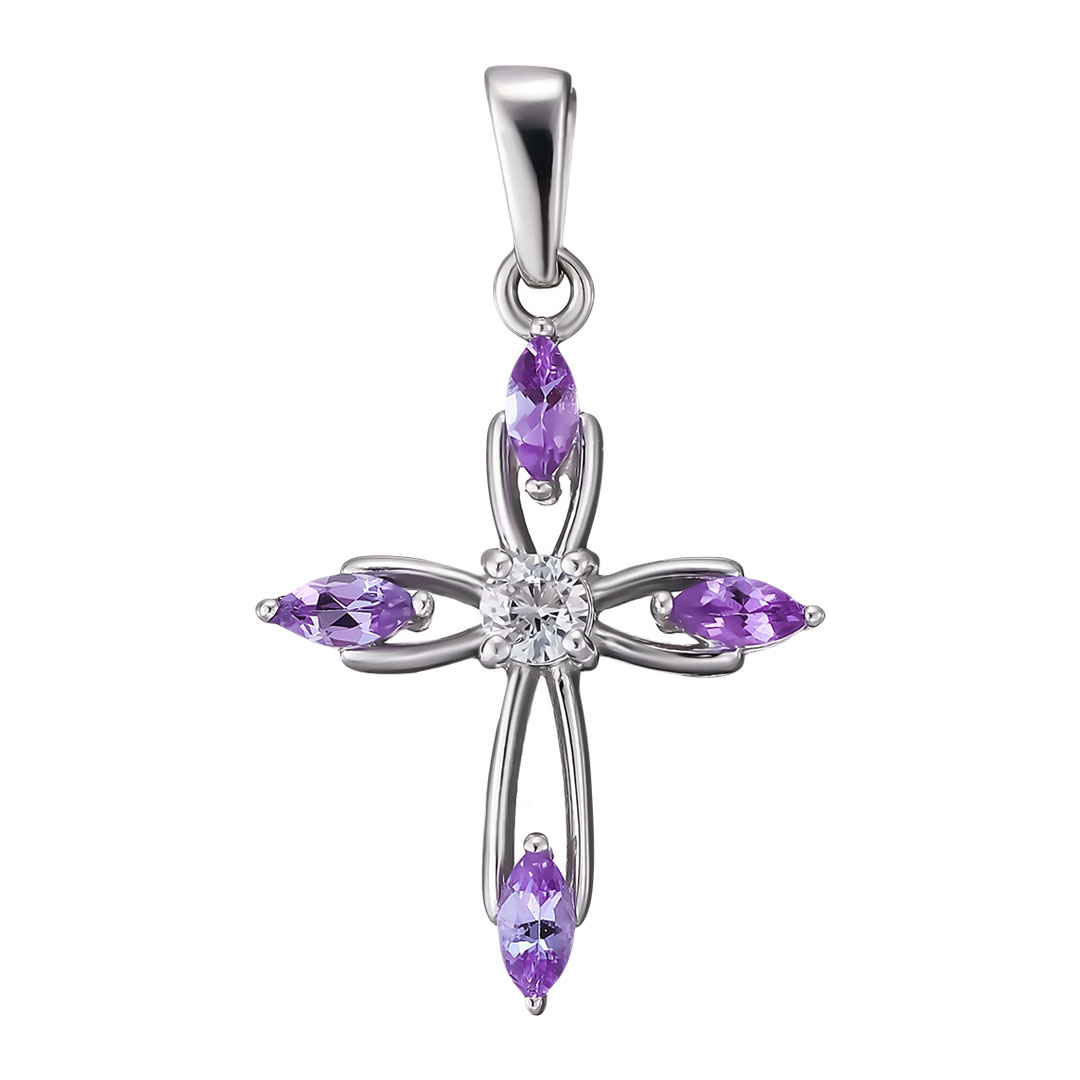 Серебряная подвеска-крест 925 пробы; вставки 4 Аметист; 1 Фианит бесцв.;