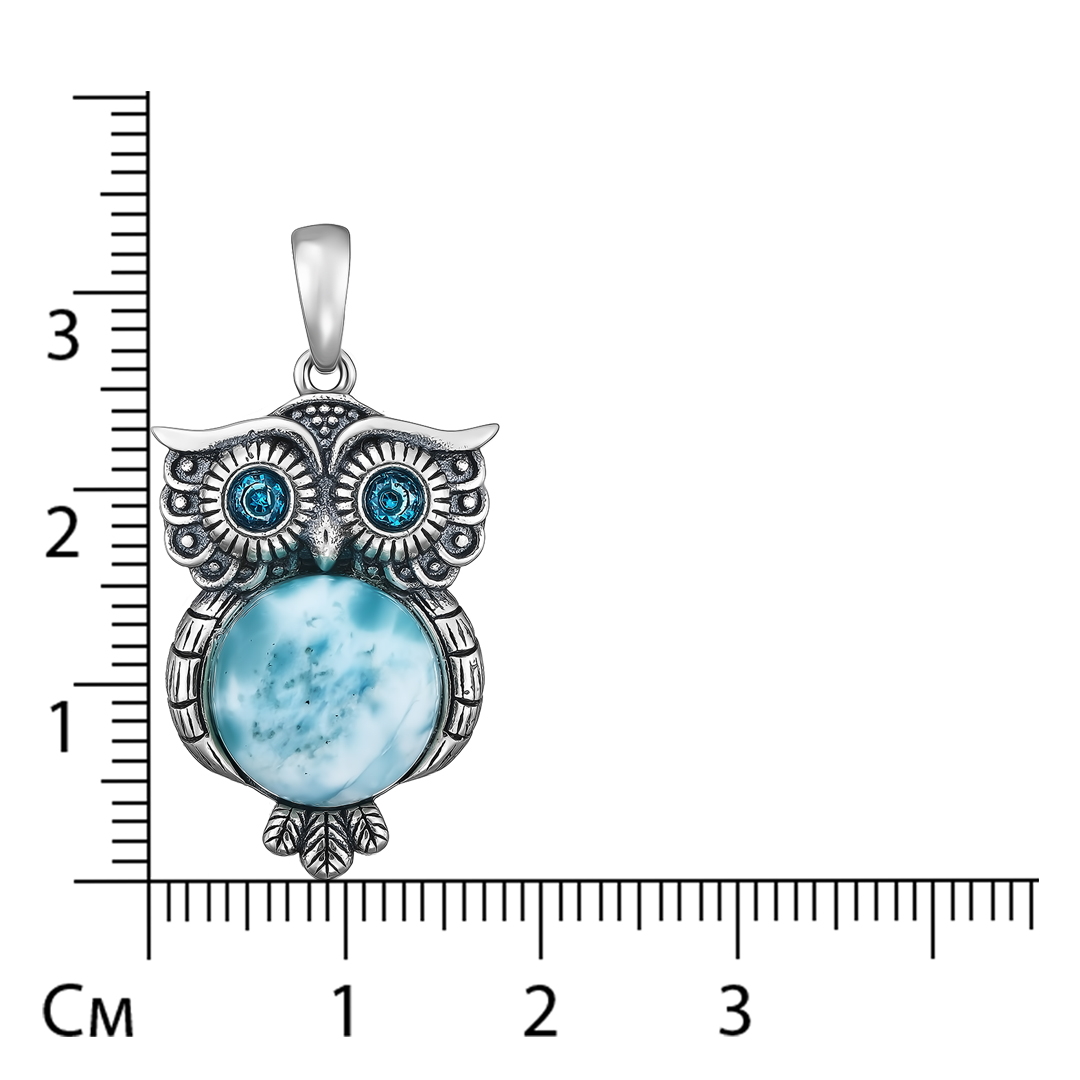 Серебряная подвеска 925 пробы; Сова; родий (бел.,черн.); вставки 1 Ларимар 7,5ct.; 2 Топаз 0,40ct.;