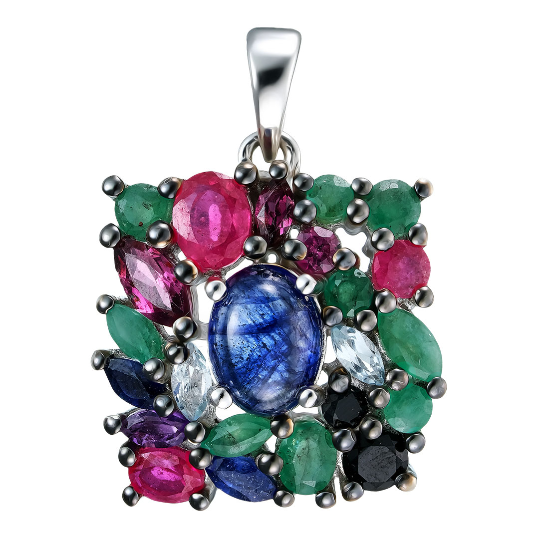 Серебряная подвеска 925 пробы; родий (бел., черн.); вставки 3 Сапфир F/2 2,15 ct; 3 Рубин F/2 0,77 c