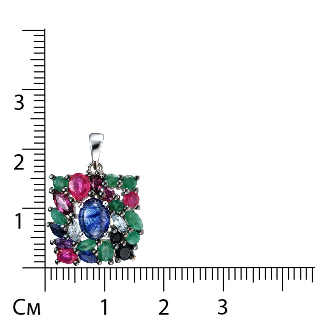 Серебряная подвеска 925 пробы; родий (бел., черн.); вставки 3 Сапфир F/2 2,15 ct; 3 Рубин F/2 0,77 c
