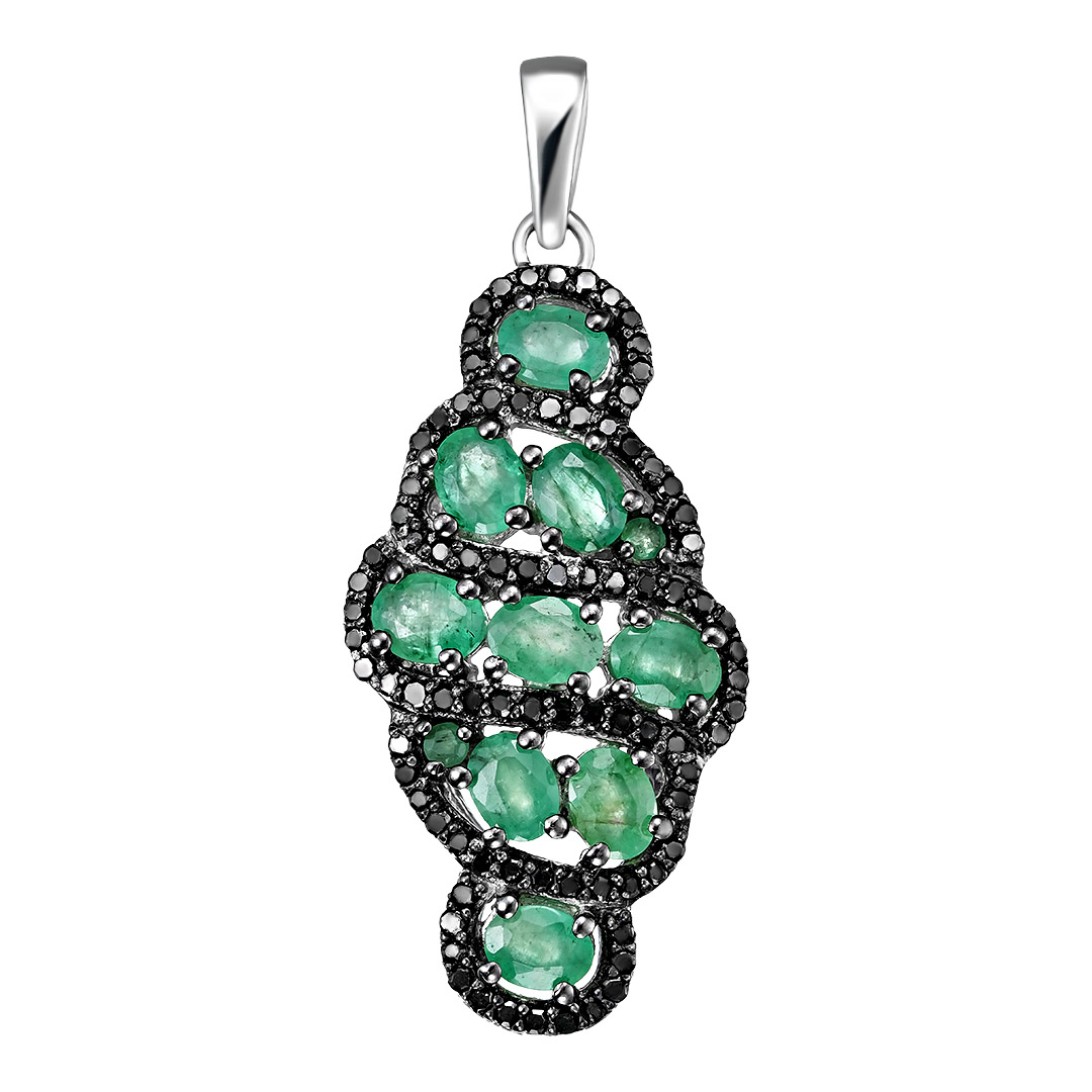 Серебряная подвеска 925 пробы; родий (бел., черн.); вставки 11 Изумруд 1,28ct (F) 4/К2; 86 Бр.черн.К