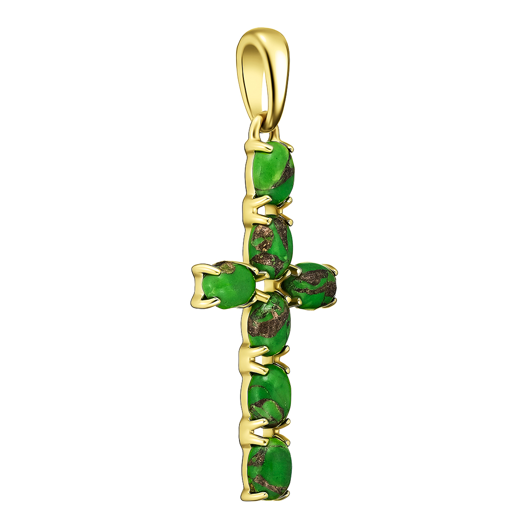 Подвеска-крест из желтого золота с зеленой бирюзой