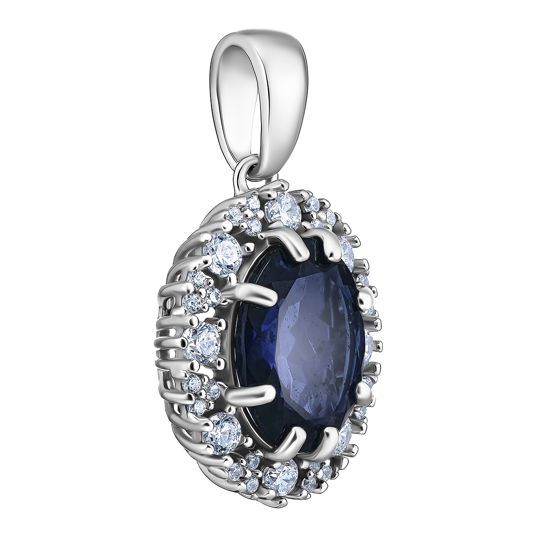 Серебряная подвеска 925 пробы; вставки 1 Иолит; 32 Фианит бесцв.;