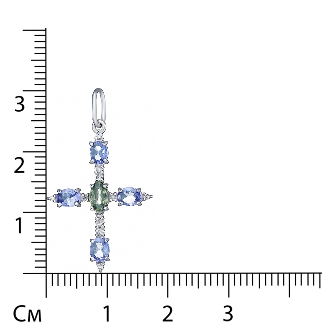 Подвеска-крест из белого золота с зеленым сапфиром и танзанитами