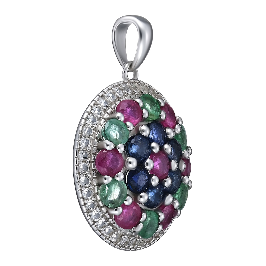 Серебряная подвеска 925 пробы; вставки 6 Изумруд (F) 0,96ct 3/Г3; 7 Рубин 1,8ct F/2; 6 Сапфир 1,37ct F/2; 38 Топаз белый 0,6ct;