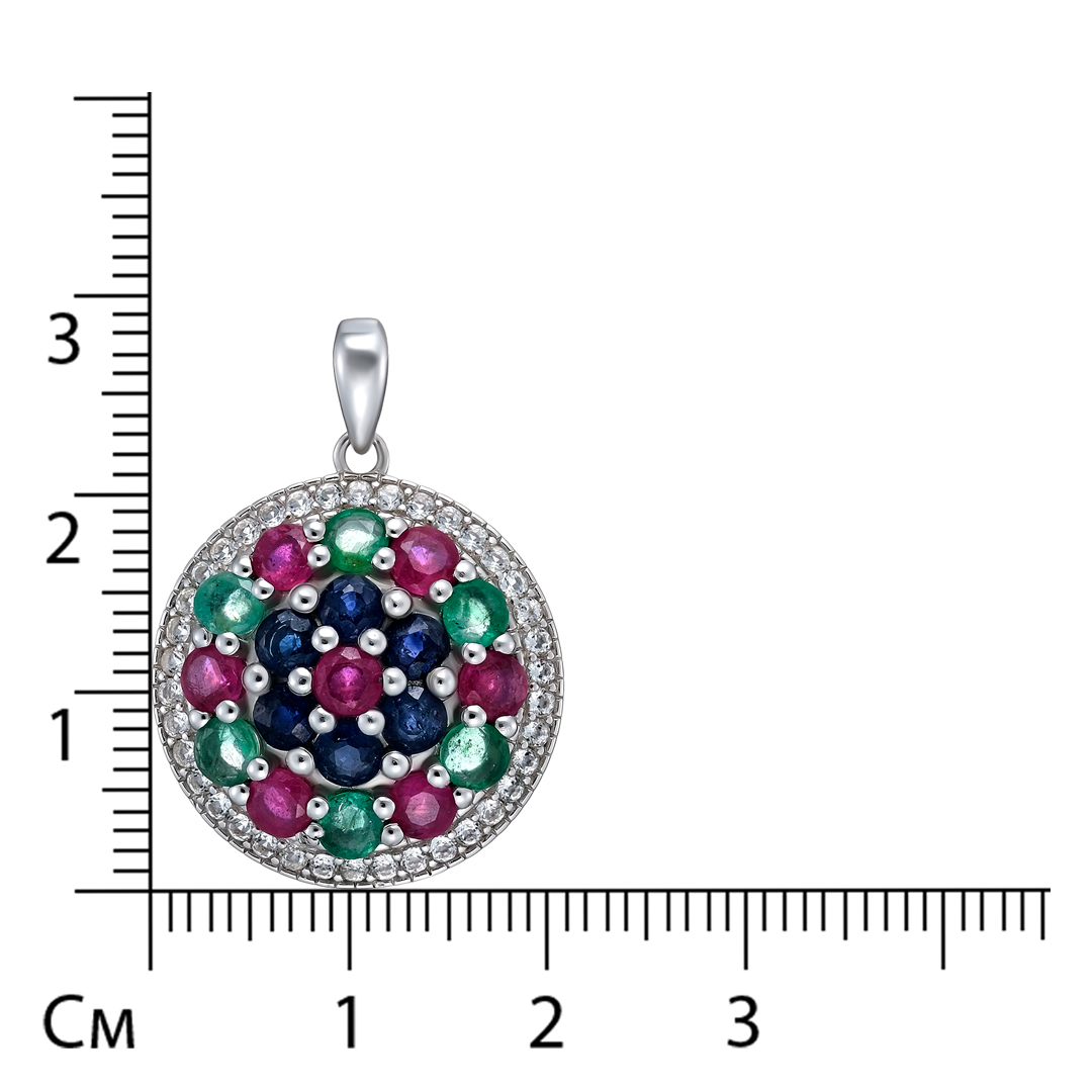 Серебряная подвеска 925 пробы; вставки 6 Изумруд (F) 0,96ct 3/Г3; 7 Рубин 1,8ct F/2; 6 Сапфир 1,37ct F/2; 38 Топаз белый 0,6ct;