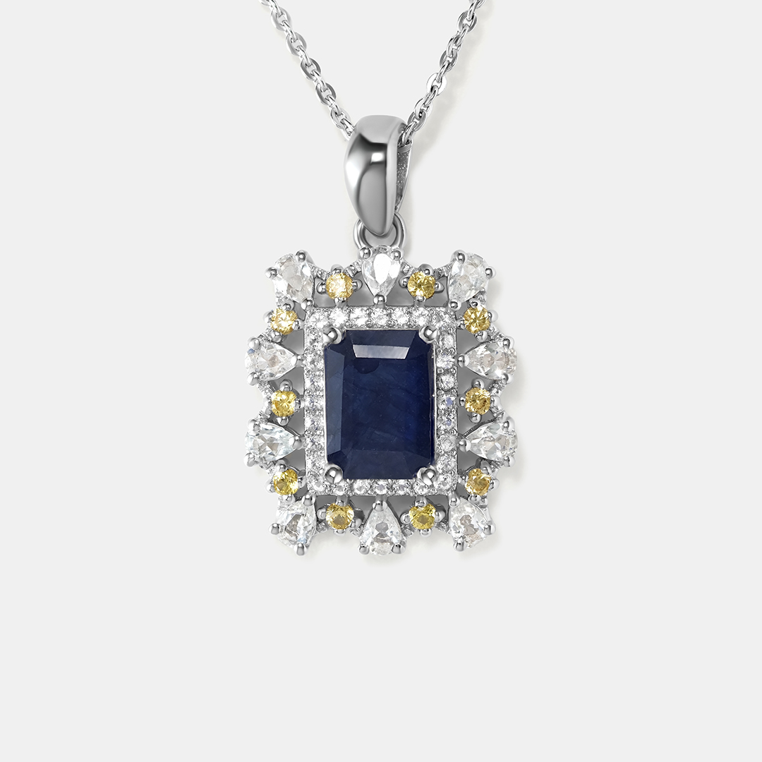 Серебряная подвеска 925 пробы; вставки 1 Сапфир 2,53ct F/2; 38 Топаз белый 0,79ct; 10 Сапфир желтый 0,2ct;