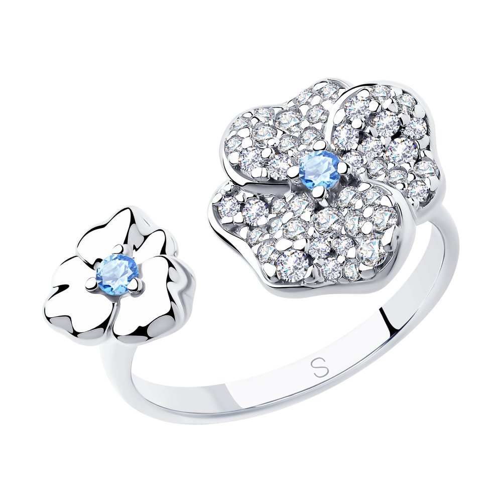 Серебряное кольцо 925 пробы; вставки 2 Фианит голубой; 45 Фианит бесцв.;