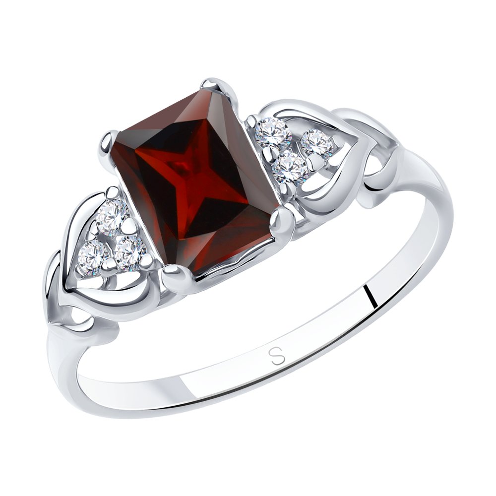 Серебряное кольцо 925 пробы; вставки 1 Гранат; 6 Фианит бесцв.;