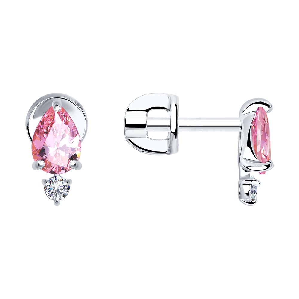 Серебряные серьги-пусеты 925 пробы; вставки 2 Фианит бесцв.; 2 Фианит розовый;