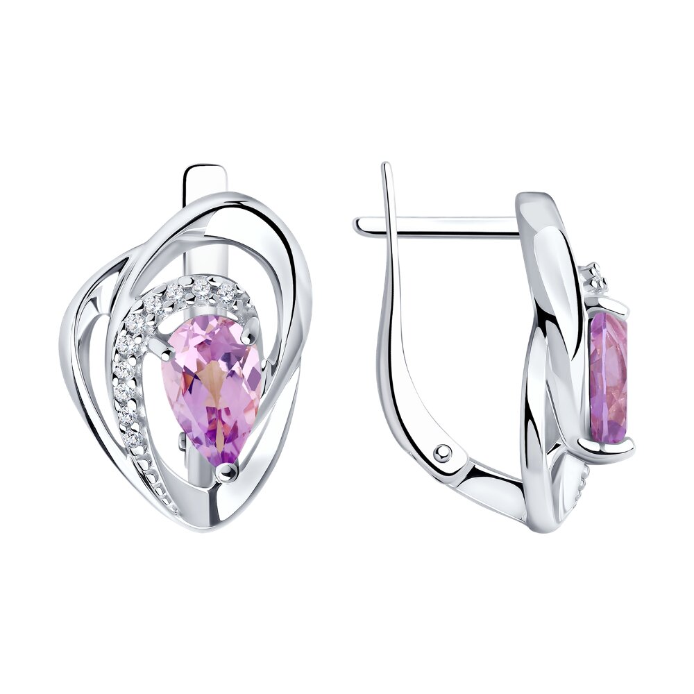 Серебряные серьги 925 пробы; вставки 2 Аметист; 20 Фианит бесцв.;