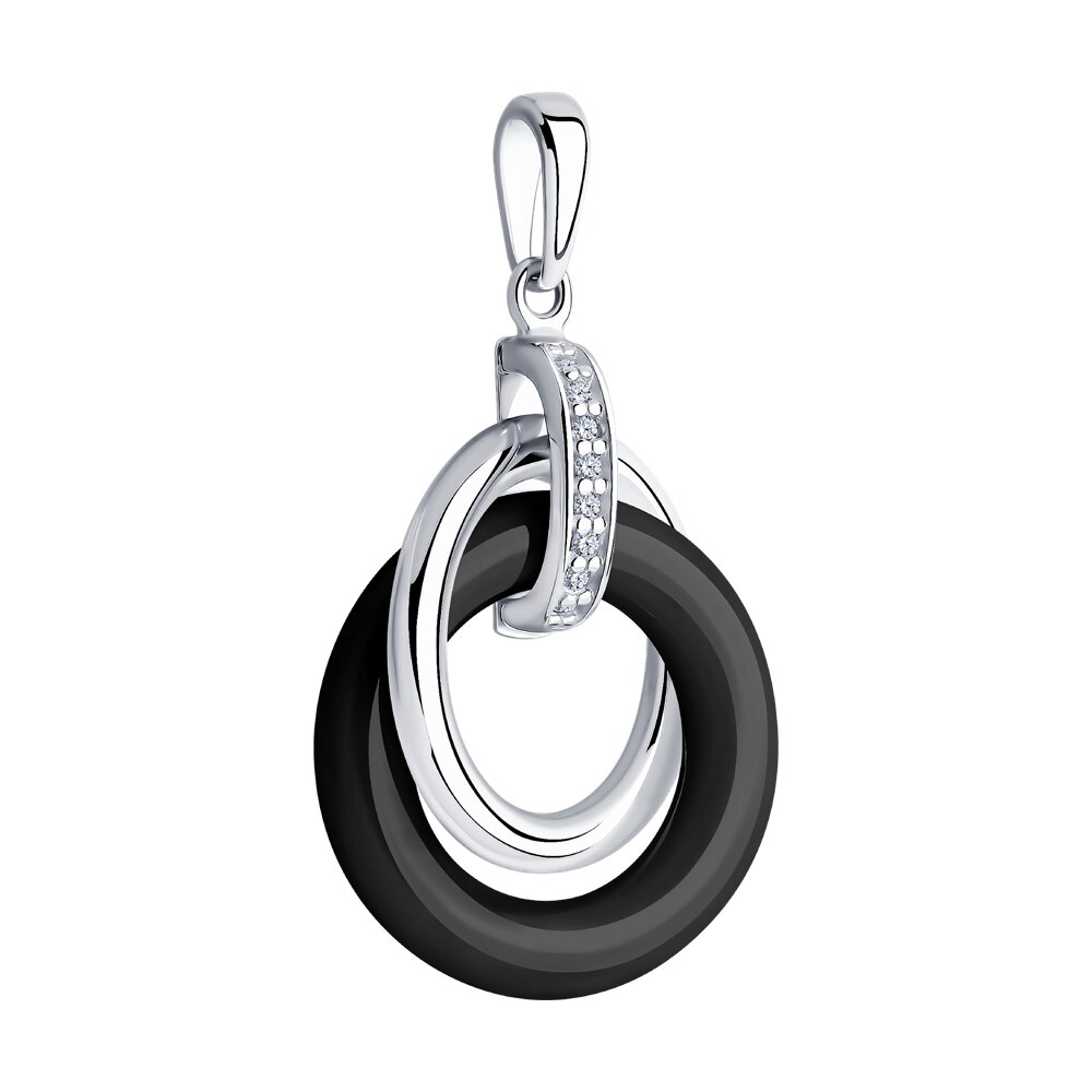 Серебряная подвеска 925 пробы; вставки 8 Фианит бесцв.; Керамика черная;