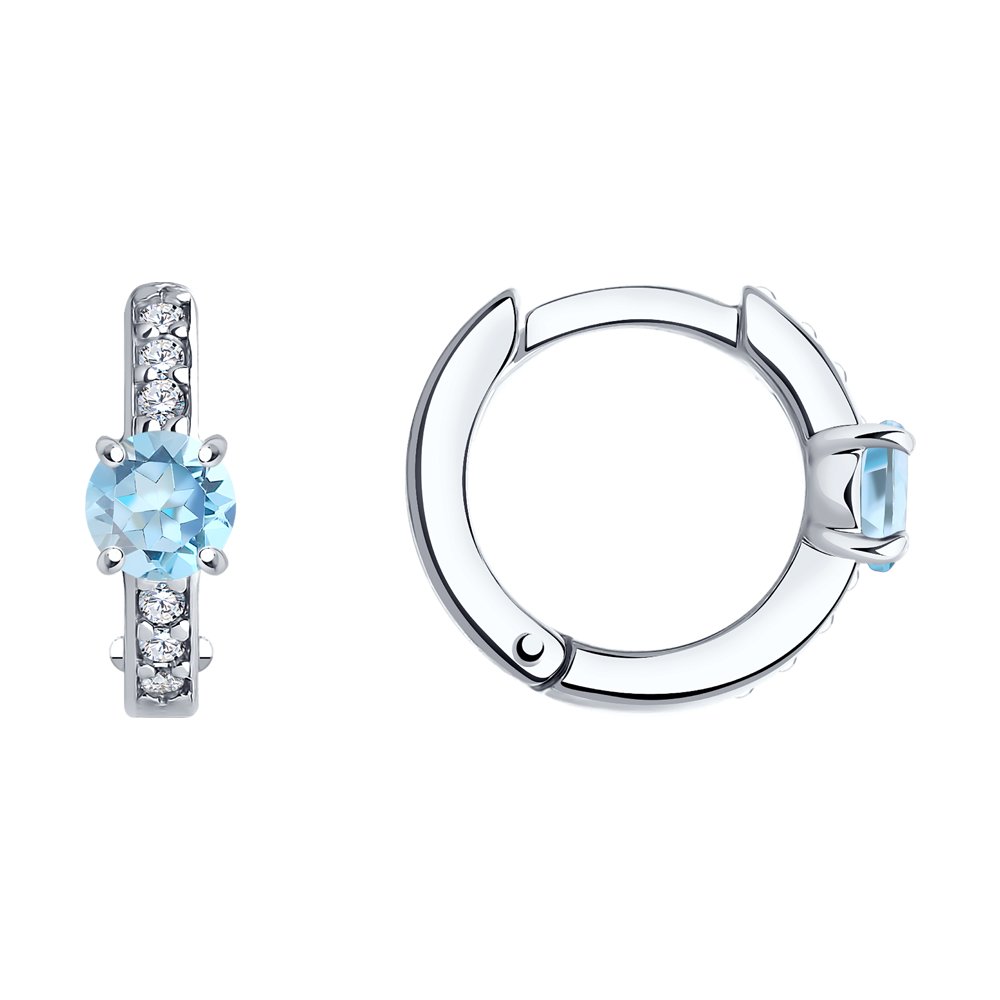 Серебряные серьги 925 пробы; вставки 2 Топаз Sky; 12 Фианит бесцв.;